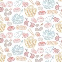 Pattern in the knitting theme. Bag, balls of yarn in a basket, knitting needles, heart doodle outline on a white. Creative flat seamless design for packaging, branding of knitted items. Made with love vector