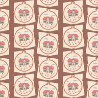 Seamless pattern of round embroidery hoops with fabric and embroidered house with flowers. Seamless flat color texture. packaging that supports the concept of needlework. handmade, made with love vector