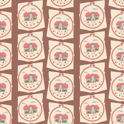 Seamless pattern of round embroidery hoops with fabric and embroidered house with flowers. Seamless flat color texture. packaging that supports the concept of needlework. handmade, made with love