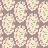Seamless pattern of oval embroidery hoops with fabric and embroidered flowers on dark background. Seamless flat color texture. packaging that supports concept of needlework. handmade, made with love vector