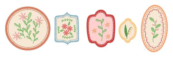 set of unusual frames with embroidered branches and flowers on canvas. flat color illustration. finished handmade product. An illustration made in graphics. An isolated. hand-embroidered item. vector
