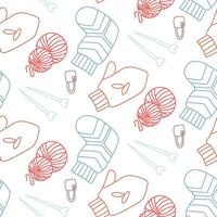 Pattern with mittens, socks, balls of yarn, knitting needles, colored outline pins on white background. Creative flat, seamless design showcasing colorful hand-knit items. Multicolored doodle elements vector