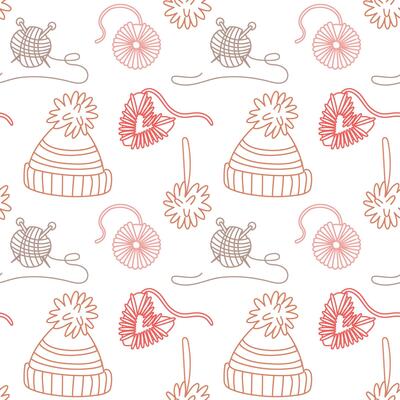 Pattern knitting. Hat, yarn ball, knitting ball, heart, pom-pom, twisted threads, colored on a white. Creative flat seamless design showcasing colorful handmade knitting. Colorful doodle with love