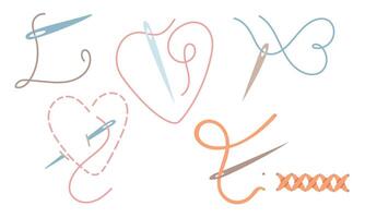 set of sewing needles with colored threads in different positions. line of love. Love for sewing, embroidery, handicrafts. flat color illustration. hobby, creative activity, profession, symbol of love vector