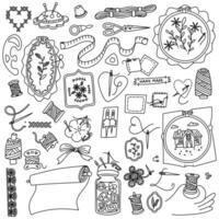 set of sewing and embroidery items. Threads, needles, fabrics, embroidery hoops, buttons, scissors, patches, needle cushion. for packaging design, prints, educational materials, and instructions. vector