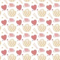 Pattern in the knitting theme. Bag, yarn balls, knitting needles, knitted heart, scarf in the doodle outline on a white. Creative flat seamless design for packaging, branding of knitted items vector