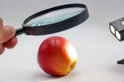 Close examination of a shiny red apple using a magnifying glass and a bright light source in a controlled setting photo