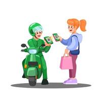 Motorbike Taxi Payment Using QR Code. Contactless Payment Technology Cartoon Illustration vector