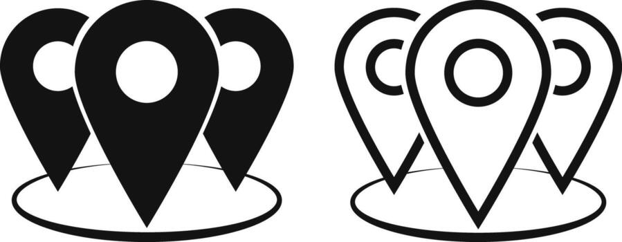 mapa alfiler icono colocar. ubicación icono. puntero signo. Tres mapa alfiler en uno ubicación. íconos de alfiler y mapa ilustración vector