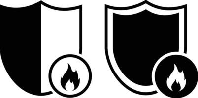 Shield with fire icon set. Heat resistant sign. Fire resistance. Shield with fire, isolated on white background. illustration vector