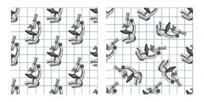 Hand drawn vintage seamless pattern of scientific microscope on squared paper sketch style vector