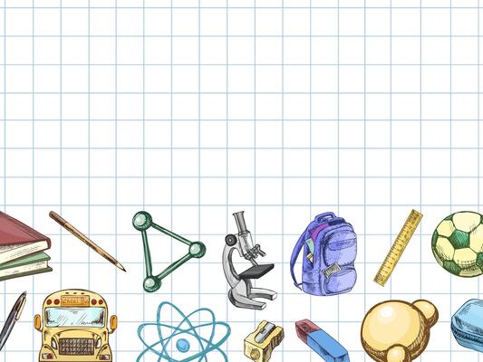 Hand drawn vintage school template with science and education elements on grid background in colorful sketch style