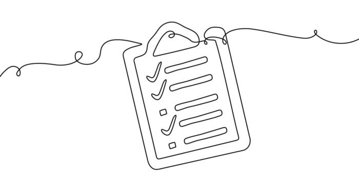 One line art document continuous icon list illustration single check clipboard. Line art one data test checklist survey pen paper business report doodle notebook agenda sketch board form. vector