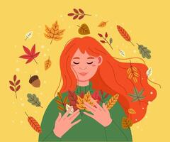 Woman with autumn leaves in hands vector