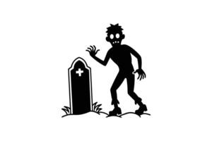 Spooky Zombie Rising from the Grave Next to a Tombstone Perfect for Halloween Decorations and Invitations Depicted as a Silhouette black vector