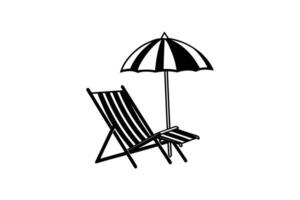 Minimalist illustration of a beach chair and umbrella rendered in black and white conveying a sense of relaxation and vacation leisure vector