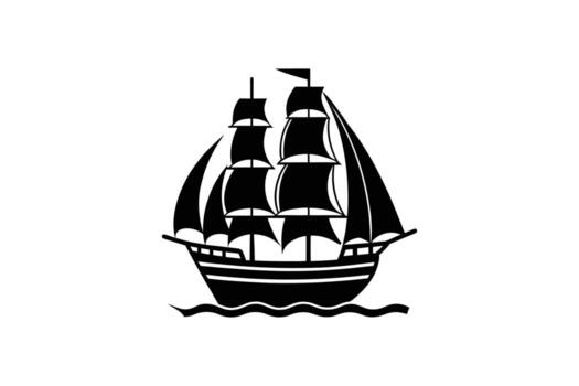 Sailing Ship Silhouette on White Background A Classic Nautical Vessel with Detailed Sails and Hull Floating on Gentle Waves in Minimalist vector