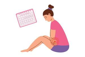 Woman with menstrual pains sits on the floor next to the calendar. Spasms. vector