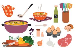 Saucepan with freshly cooked soup with vegetables and meat. Kitchen utensils vector