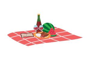 Picnic. illustration of picnic blanket with snacks, bottle of wine, glasses vector