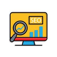 Marketing icon. SEO. Chart going up on a computer screen with a magnifying glass. Branding, strategy, digital. Isometric design style. vector
