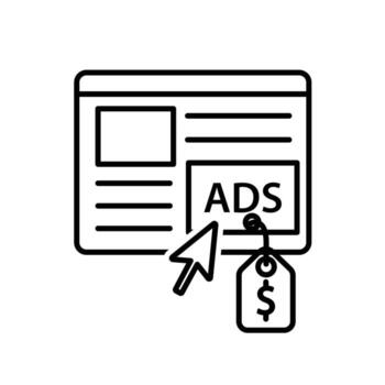 Marketing icon. Marketing advertising. Web with ads and click cursor. Branding, strategy, digital. outline design style. vector