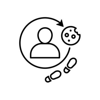 Marketing icon. Retargeting Ads. Person with circular arrow with cookie and footprint. Branding, strategy, digital. outline design style. vector