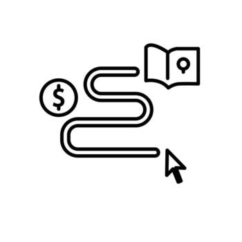 márketing icono. cliente viaje. un devanado camino con Interacción y dólar simbolos marca, estrategia, digital. contorno diseño estilo. vector