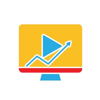 Marketing icon. Marketing. Computer with a play symbol and an up arrow. Branding, strategy, digital. flat design style. vector