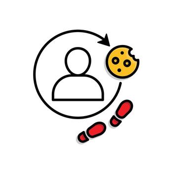 Marketing icon. Retargeting Ads. Person with circular arrow with cookie and footprint. Branding, strategy, digital. mixed design style. vector