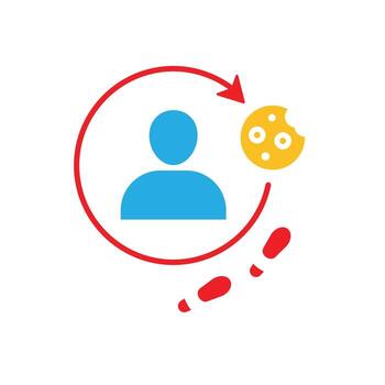 Marketing icon. Retargeting Ads. Person with circular arrow with cookie and footprint. Branding, strategy, digital. flat design style. vector