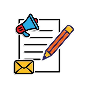 Marketing icon. Content Marketing. Paper with pencil and message with megaphone. Branding, strategy, digital. Mixed design style. vector