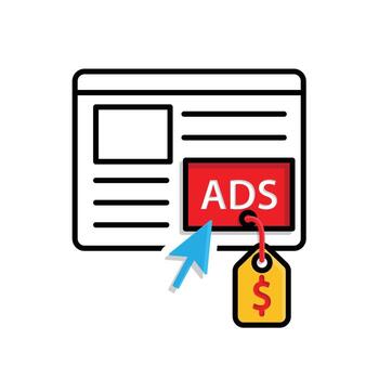 márketing icono. márketing publicidad. web con anuncios y hacer clic cursor. marca, estrategia, digital. mezclado diseño estilo. vector