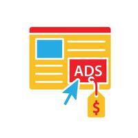Marketing icon. Marketing advertising. Web with ads and click cursor. Branding, strategy, digital. flat design style. vector