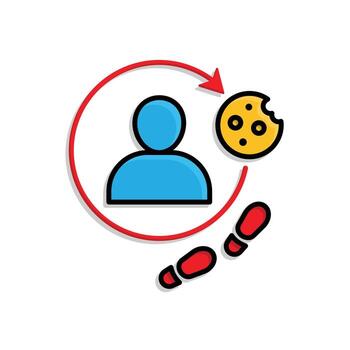 Marketing icon. Retargeting Ads. Person with circular arrow with cookie and footprint. Branding, strategy, digital. Isometric design style. vector