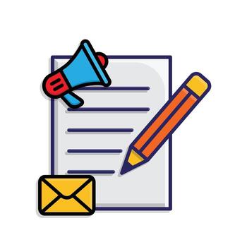 Marketing icon. Content Marketing. Paper with pencil and message with megaphone. Branding, strategy, digital. Isometric design style. vector