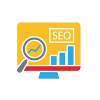Marketing icon. SEO. Chart going up on a computer screen with a magnifying glass. Branding, strategy, digital. Flat design style. vector