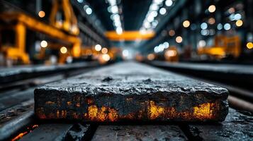 Hot steel slab glowing orange on production line in industrial factory with blurred background lights photo