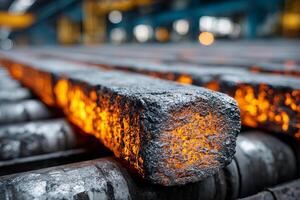 Glowing hot steel bars moving along conveyor in industrial factory with intense orange heat and rough texture photo