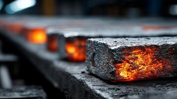 Hot glowing steel bar on industrial conveyor with fiery orange heat and rough texture in factory photo