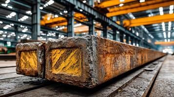Rusty steel beams with yellow markings stacked in large industrial warehouse under bright overhead cranes photo
