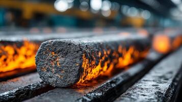 Glowing hot steel bar with rough surface moving on conveyor in industrial factory with intense orange heat photo