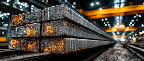 Rusty steel beams stacked industrial warehouse with bright overhead cranes and blurred background lights creating dynamic scene photo