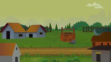 Village life cartoon animation, day to night time lapse seamless loop, countryside sun or moon rises and set, tree video