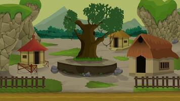 Village life cartoon animation, day to night time lapse seamless loop, countryside sun or moon rises and set, glowing moon video