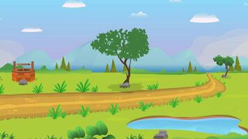 Day Natural ground with lake, wall, mountain, tree, village life cartoon animation, day time lapse seamless loop, countryside sunset video