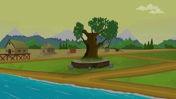 Village life cartoon animation, day to night time lapse seamless loop, countryside sun or moon rises and set well video