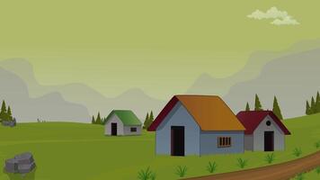 Village life cartoon animation, day to night time lapse seamless loop, countryside sun or moon rises and set, house video