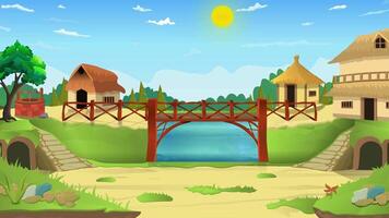 Day Cartoon bg in chineese style two stairs, bridge, lake, mountain, village life cartoon animation, day time lapse seamless loop, countryside sunset video