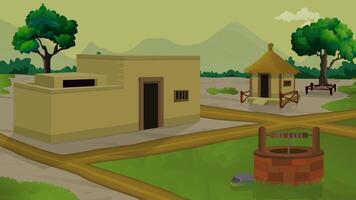 Village life cartoon animation, day to night time lapse seamless loop, countryside moon or sun rises and set video